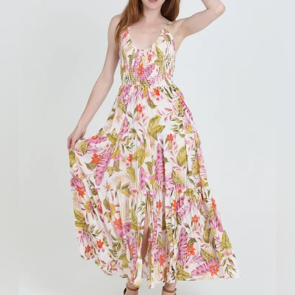 Angie Boho Floral Maxi Dress in White, Pink & Green